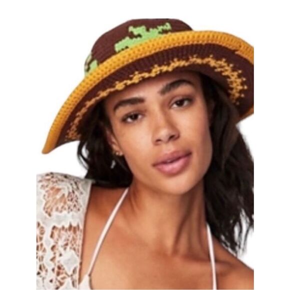free people OS Palm Springs Palm Tree Brown Gold Crochet Knit Brim Hat